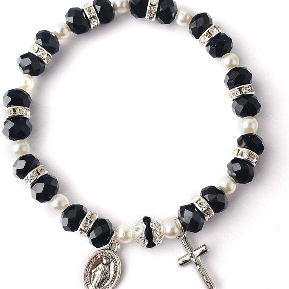 Elegant Black Beaded Stretch Rosary Bracelet with Crucifix & Miraculous Medal - Picture 1 of 4